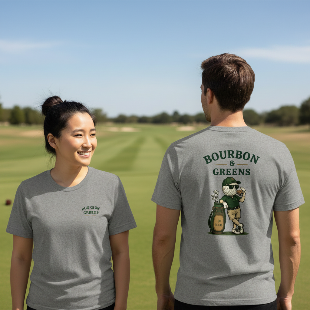 Bourbon Guy Tri-Blend Tee front and back lifestyle shot on golf course