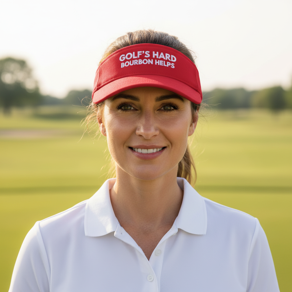 Female golfer wearing red Golf's Hard Bourbon Helps visor on golf course fairway