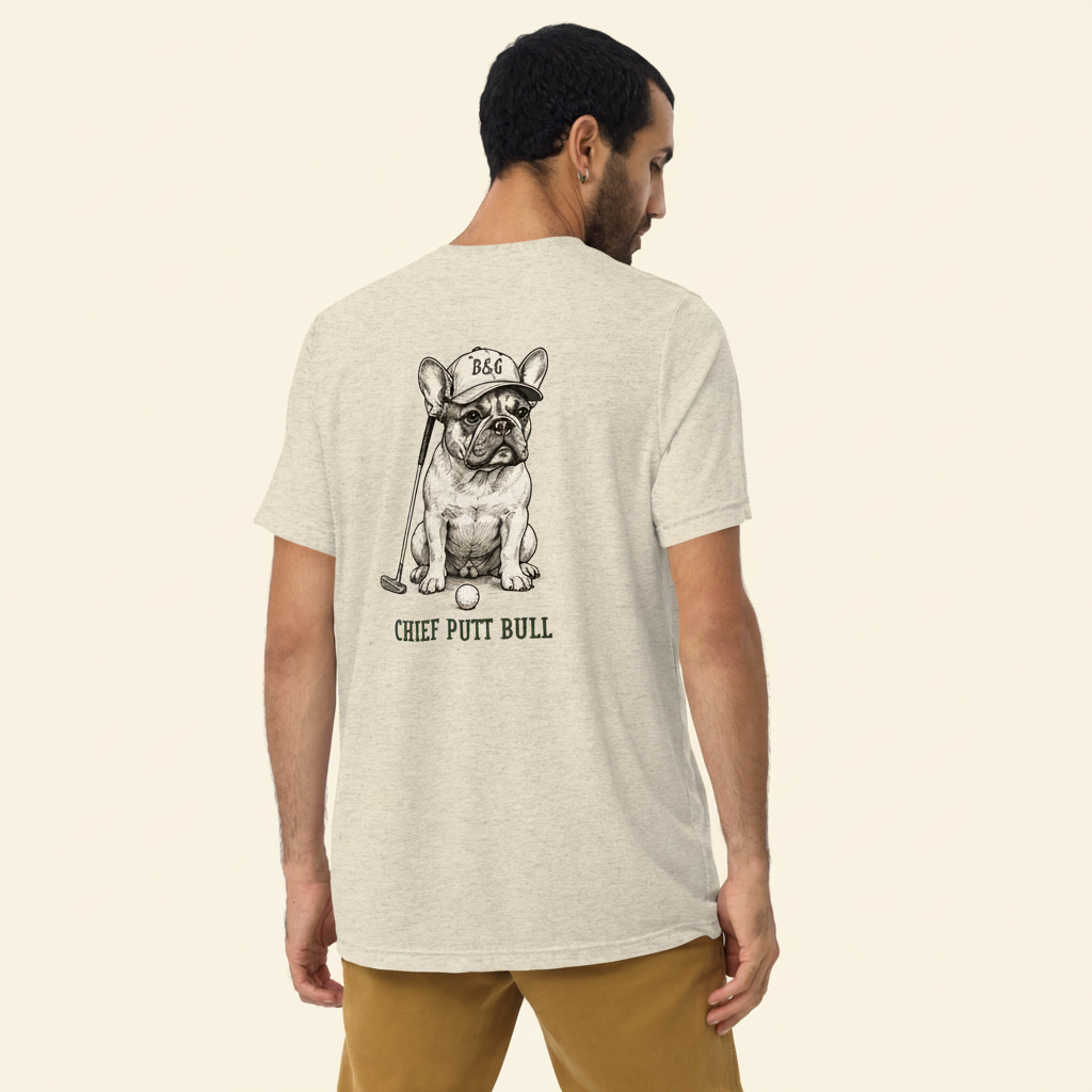 Frenchie Tri-Blend Tee oatmeal back on cream background