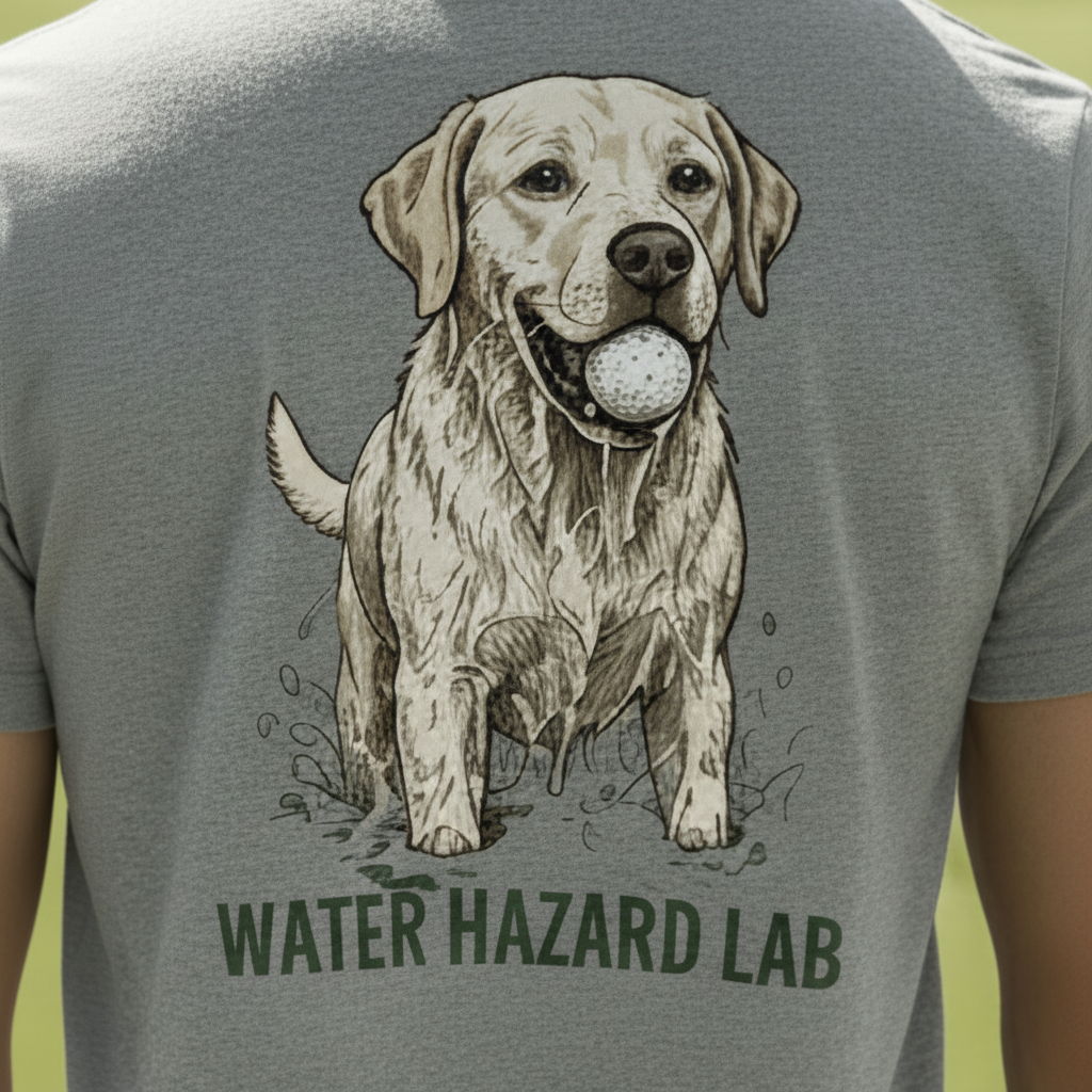Water Hazard Lab Tri-Blend Tee close-up back graphic on athletic grey fabric