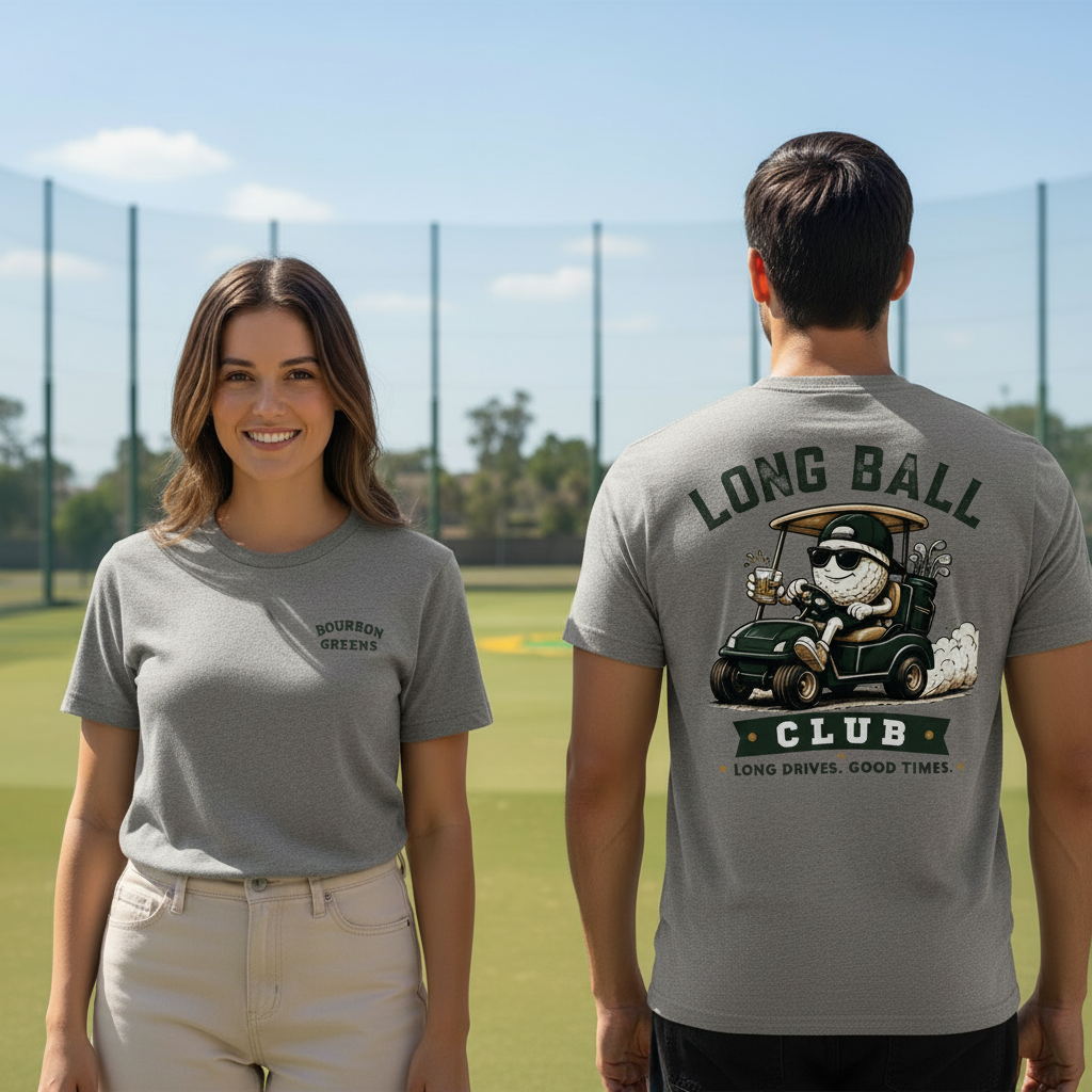 Long Ball Tri-Blend Tee front and back lifestyle shot at driving range