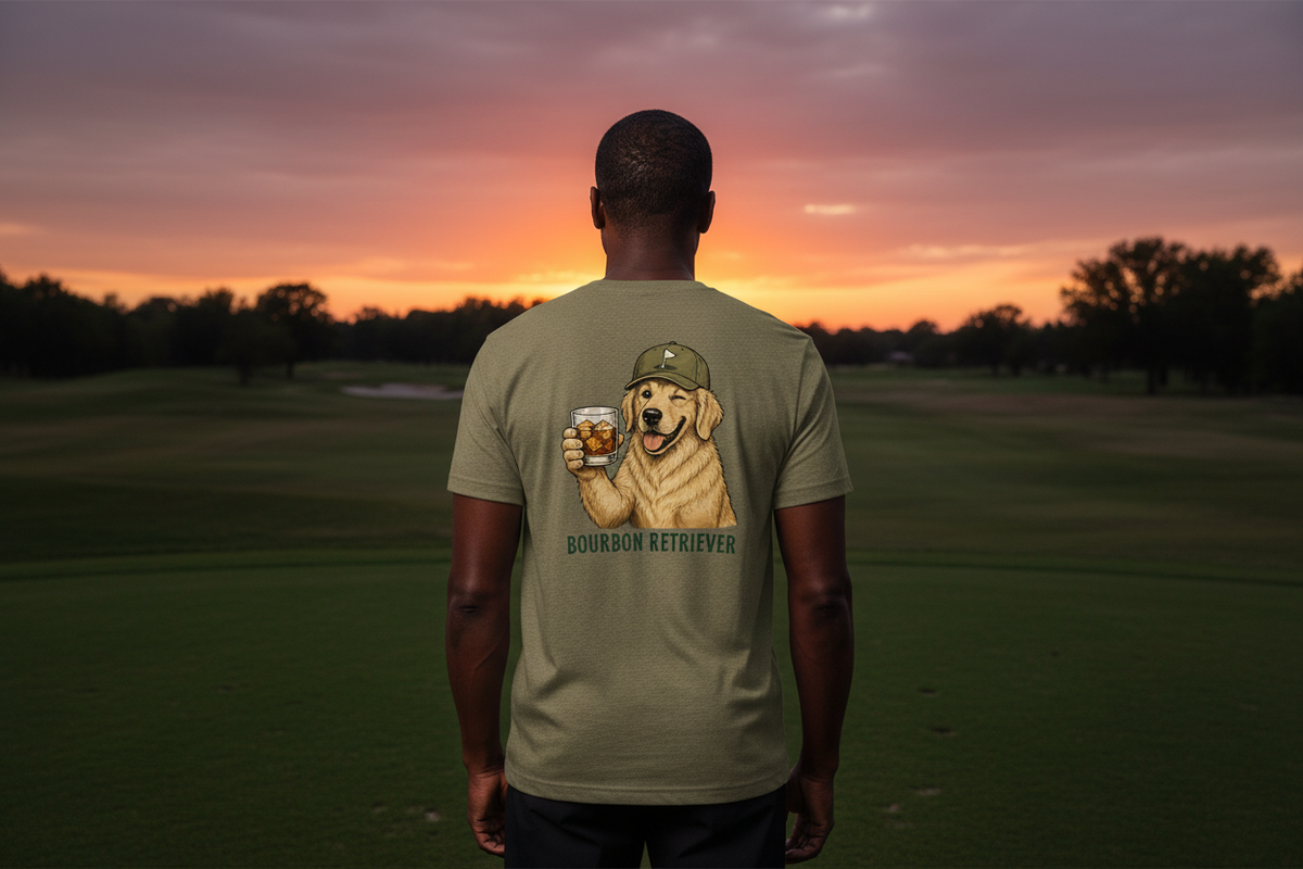Bourbon Retriever Tri-Blend Tee male back lifestyle shot in olive at dusk tee box