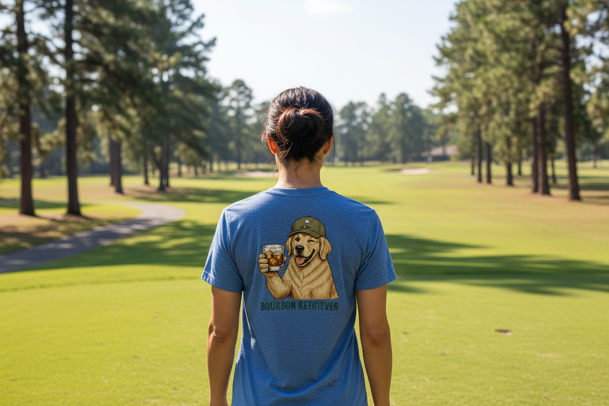 Bourbon Retriever Tri-Blend Tee female back lifestyle shot in blue on sunny fairway