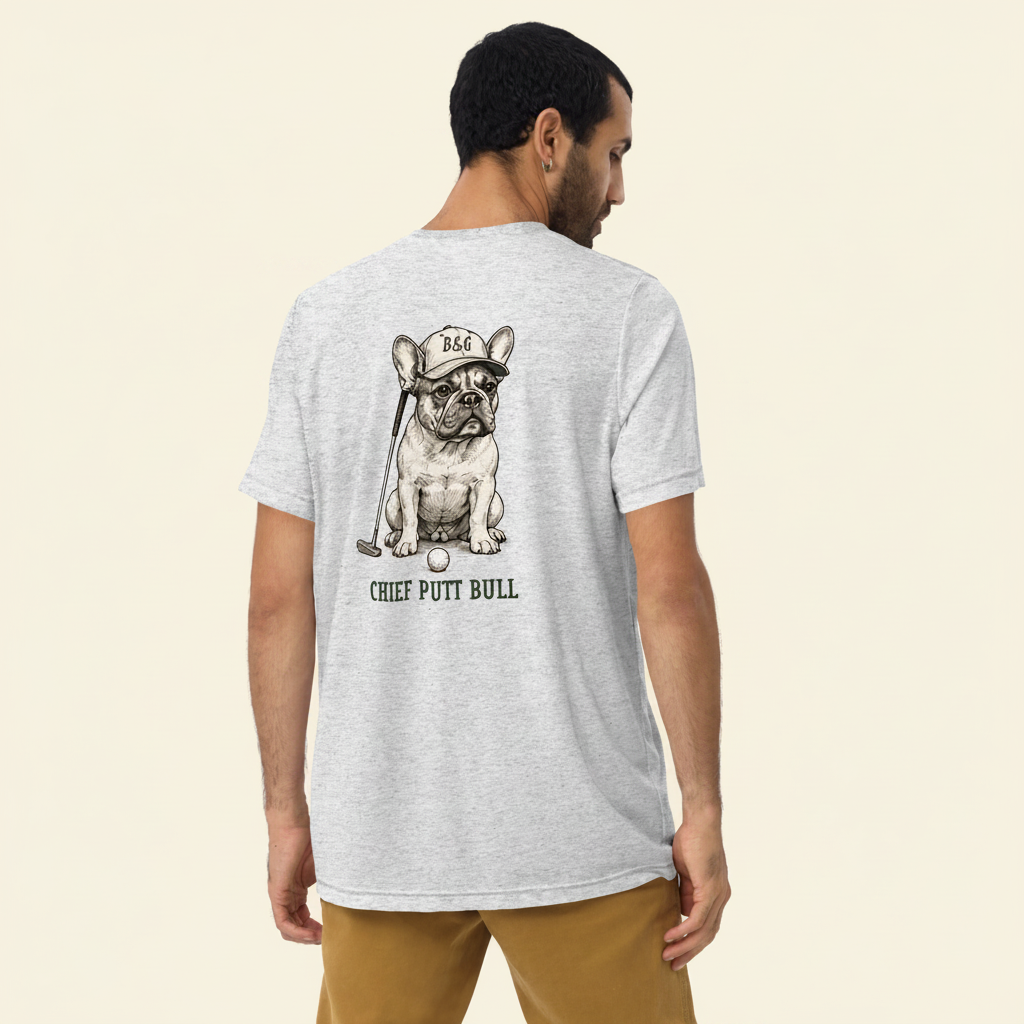 Frenchie Tri-Blend Tee white fleck back on cream background