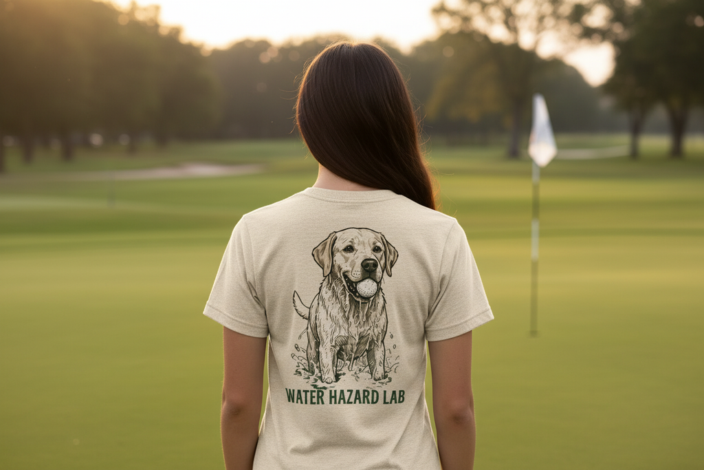 Water Hazard Lab Tri-Blend Tee female back lifestyle shot at putting green in oatmeal