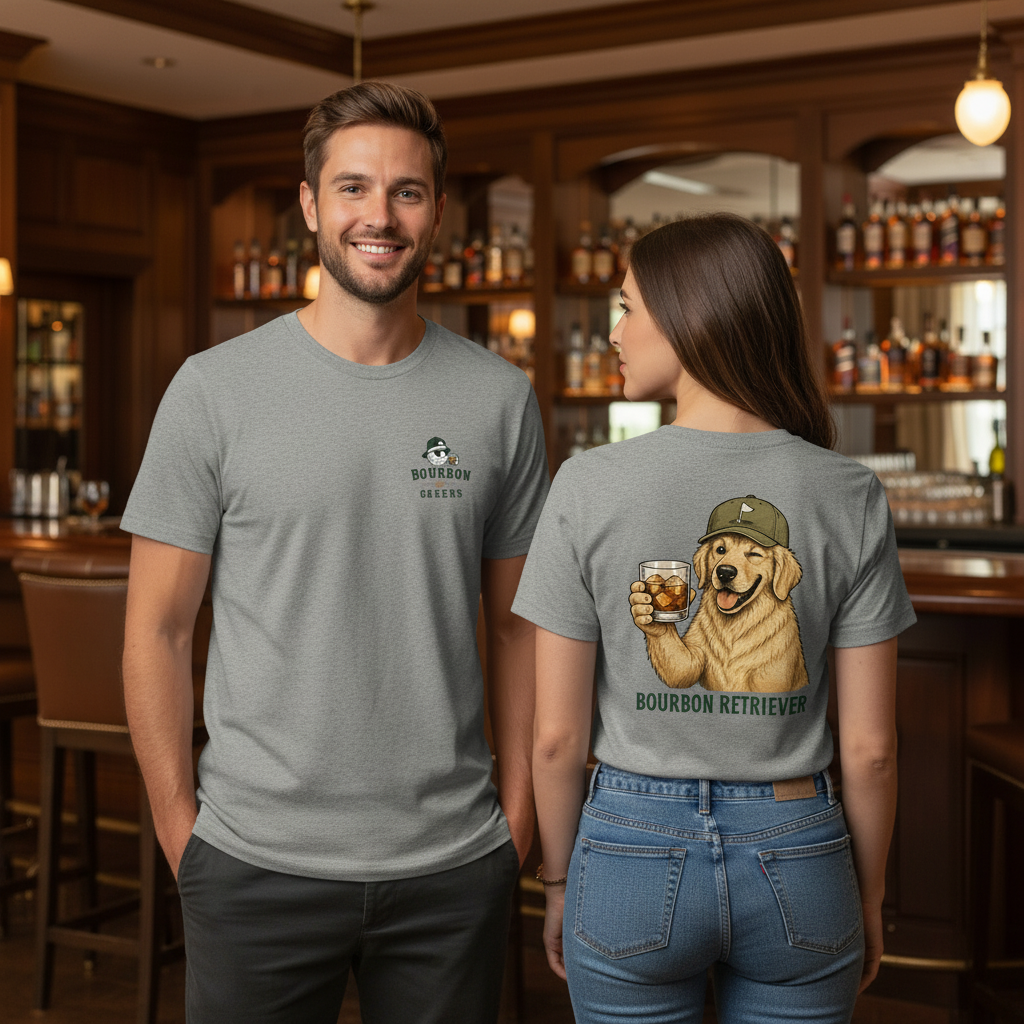 Bourbon Retriever Tri-Blend Tee front and back lifestyle shot at bourbon bar