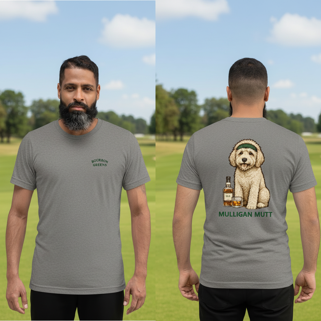 Mulligan Mutt Tri-Blend Tee front and back lifestyle shot on golf course