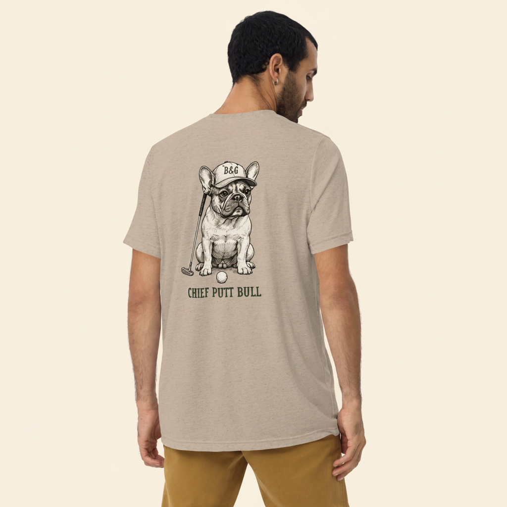 Frenchie Tri-Blend Tee tan back on cream background
