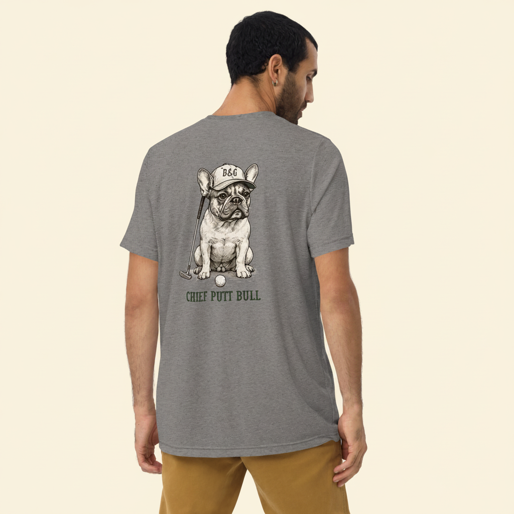 Frenchie Tri-Blend Tee grey back on cream background