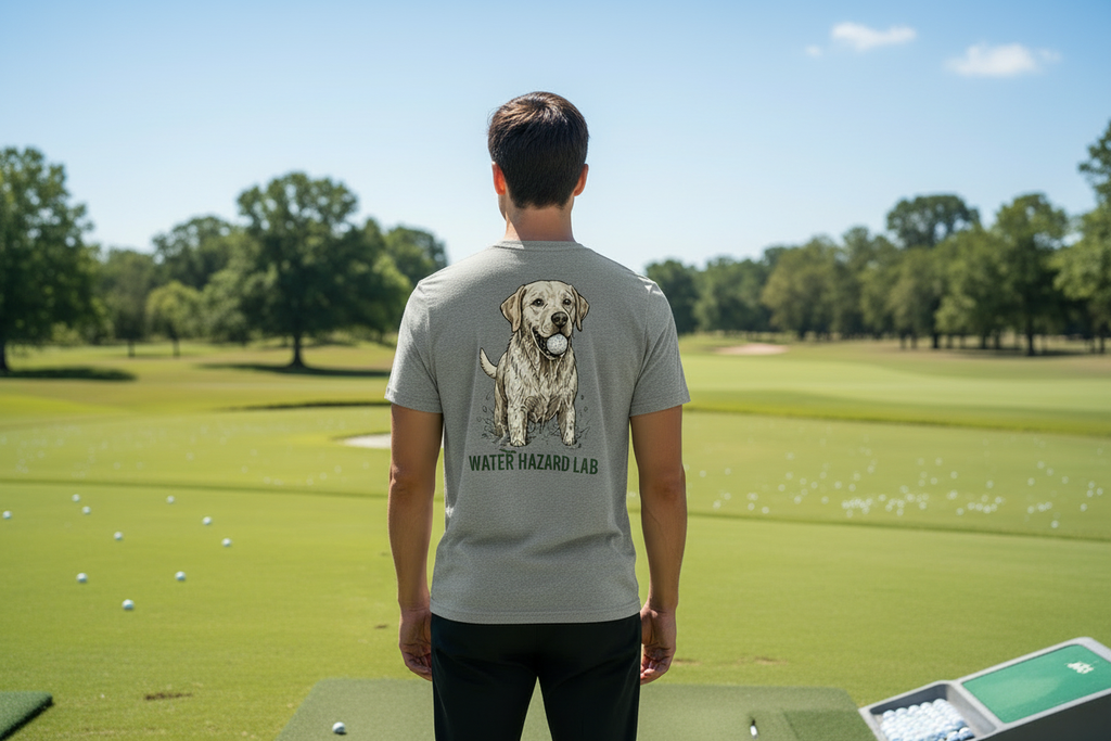 Water Hazard Lab Tri-Blend Tee male back lifestyle shot at driving range