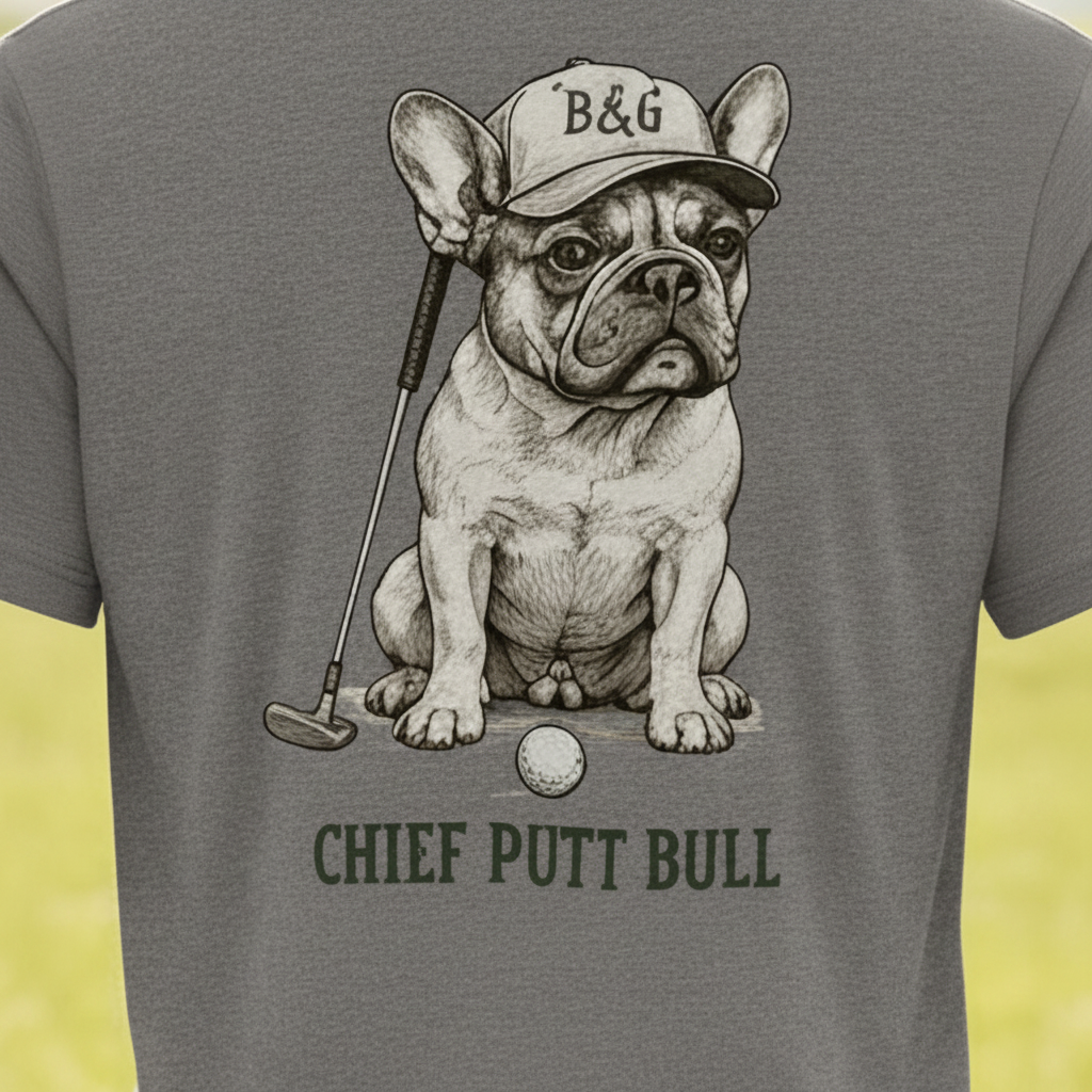 Chief Putt Bull design close-up on grey fabric, straight on, no model