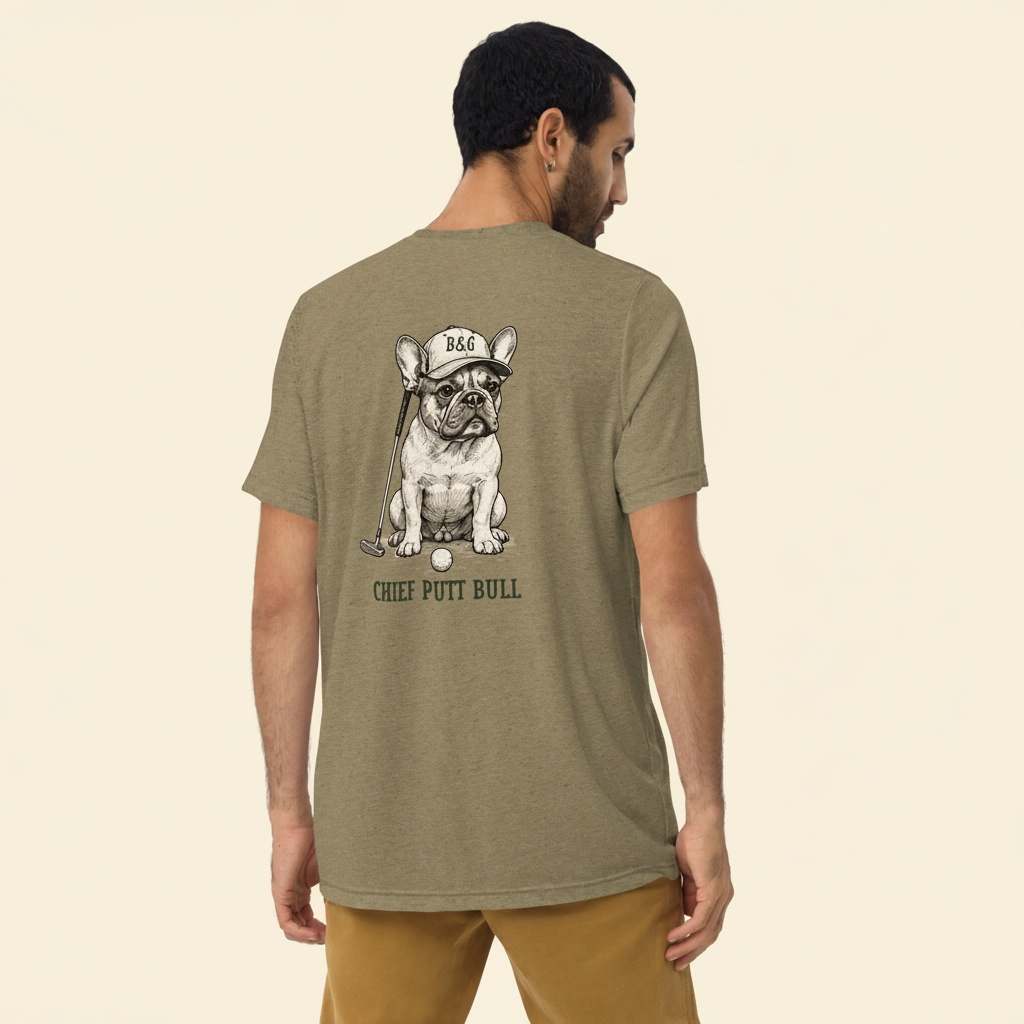 Frenchie Tri-Blend Tee olive back on cream background