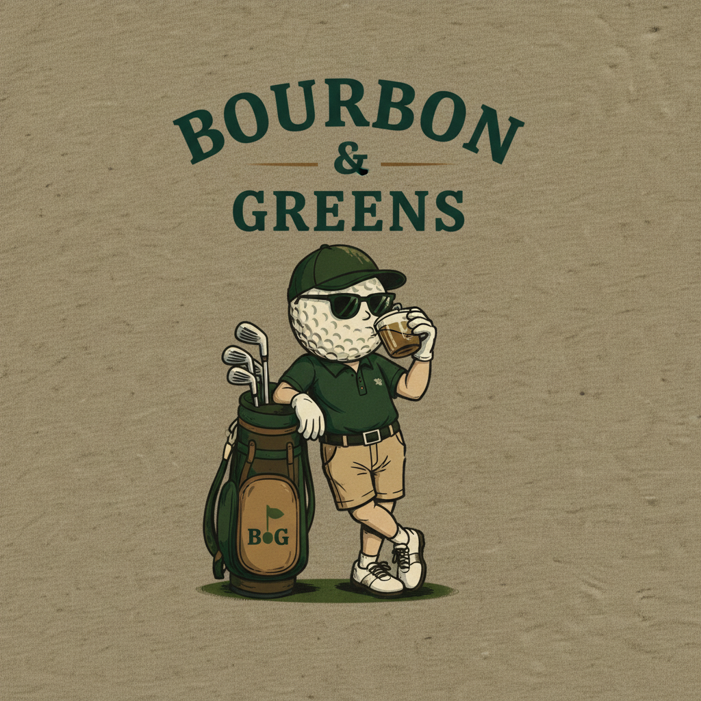 Bourbon Guy tee olive - close-up back graphic on cream background