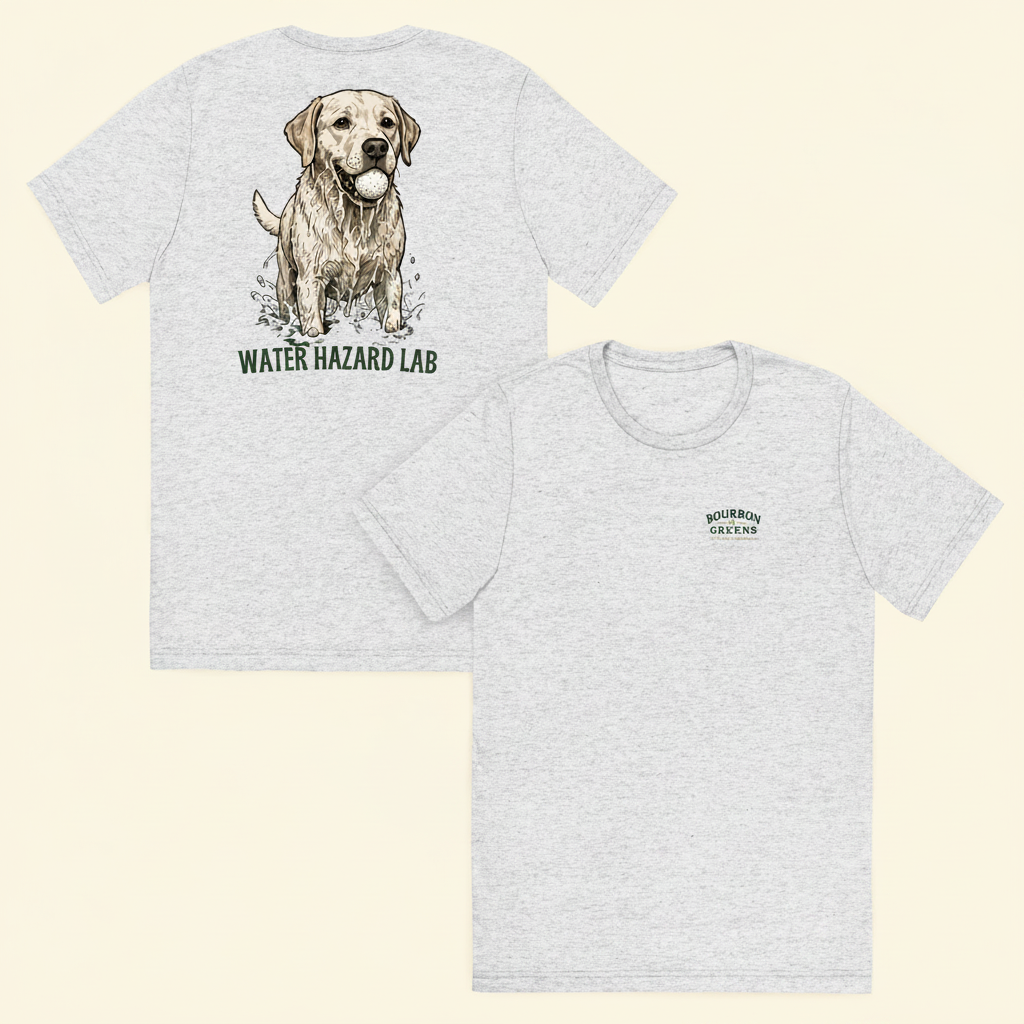 Water Hazard Lab Tri-Blend Tee white fleck front and back on cream background