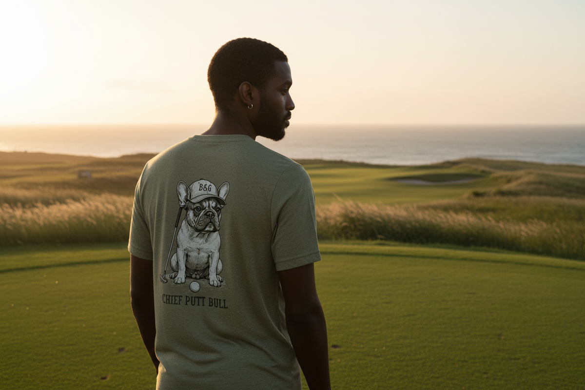 Frenchie Tri-Blend Tee male back lifestyle shot in olive on links course at golden hour