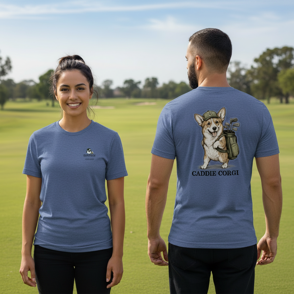 Corgi Tri-Blend Tee front and back lifestyle shot on golf course