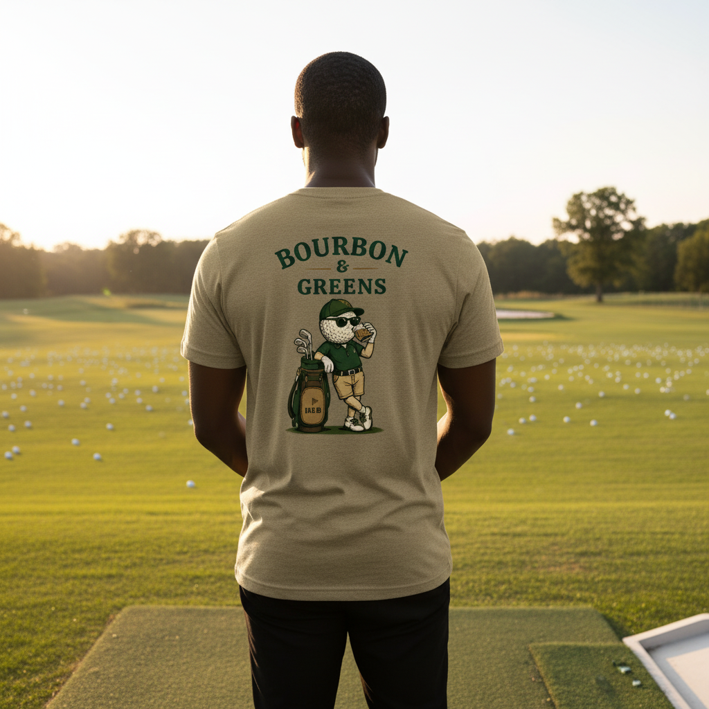 Black male golfer at driving range wearing olive Bourbon Guy tee - back view