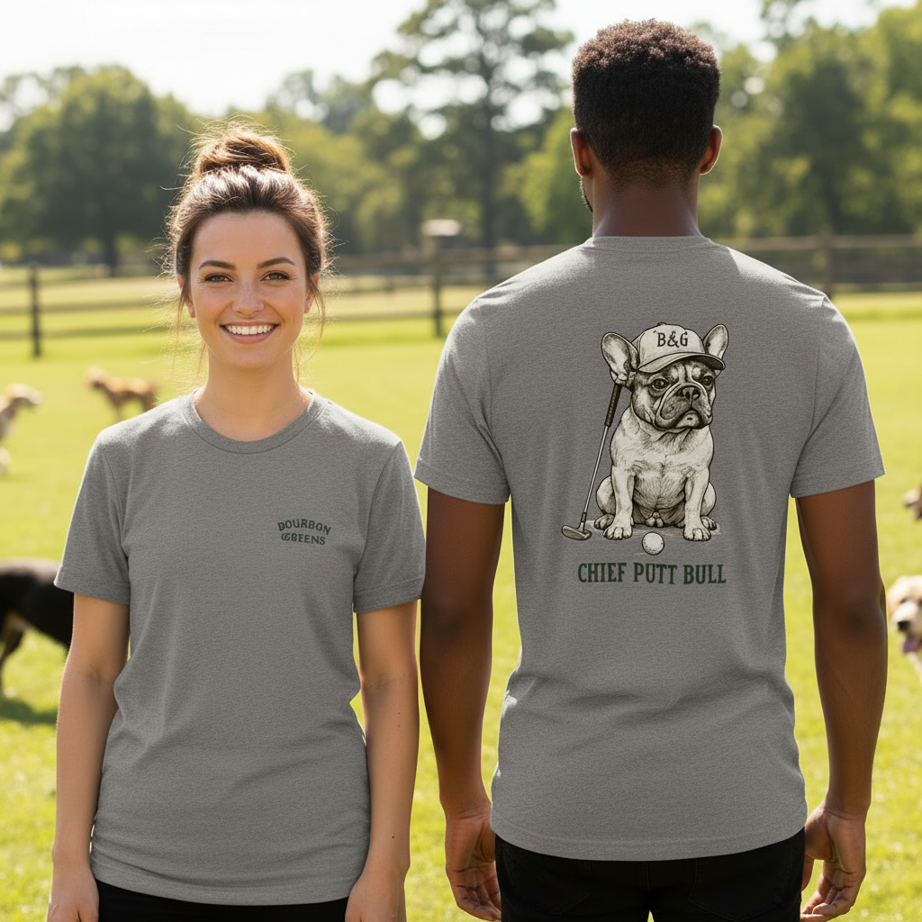 Frenchie Tri-Blend Tee front and back lifestyle shot at dog park