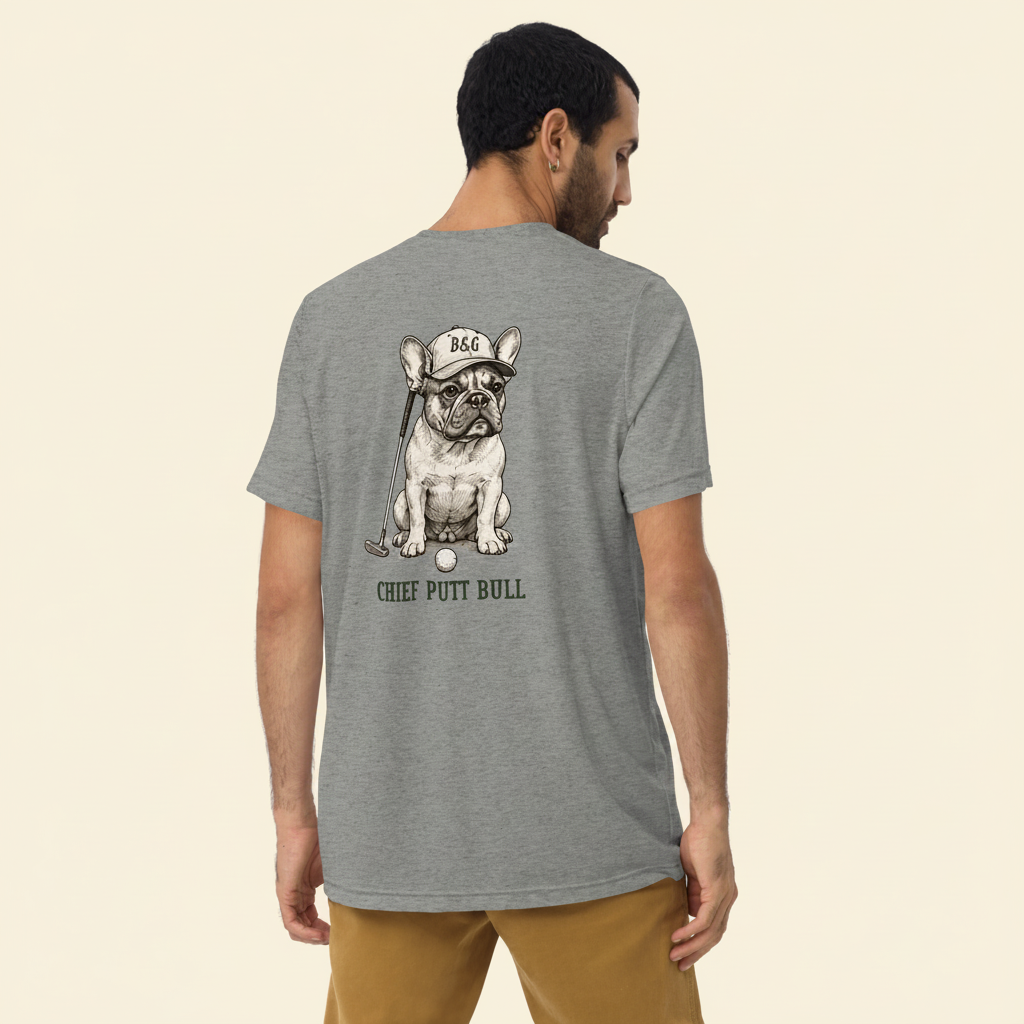 Frenchie Tri-Blend Tee athletic grey back on cream background