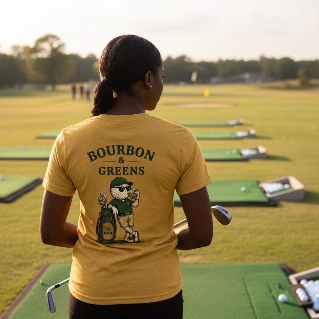 Black female golfer at driving range wearing yellow Bourbon Guy tee - back view