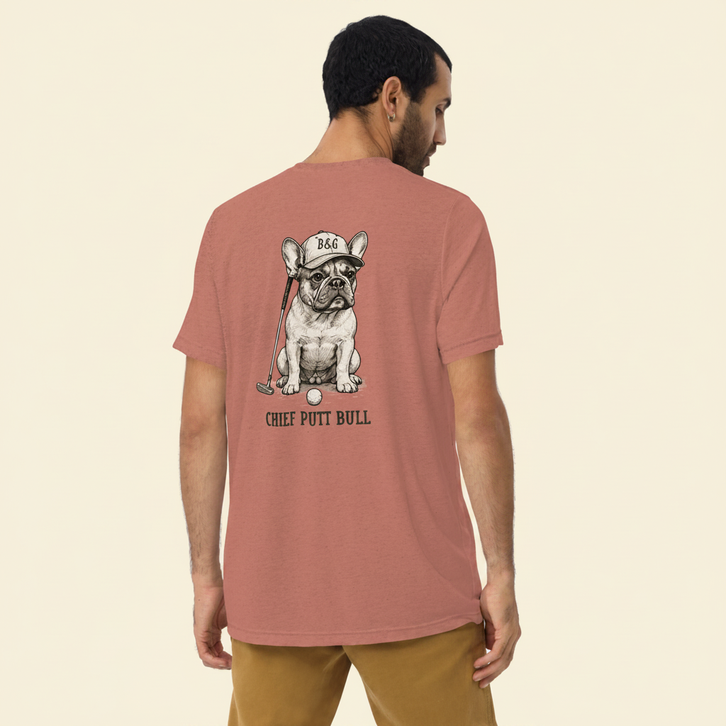 Frenchie Tri-Blend Tee mauve back on cream background